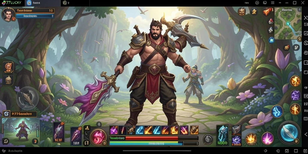 Tangkapan layar gameplay <strong>777LUCKY</strong> menampilkan karakter sedang bertarung di dunia fantastis.
