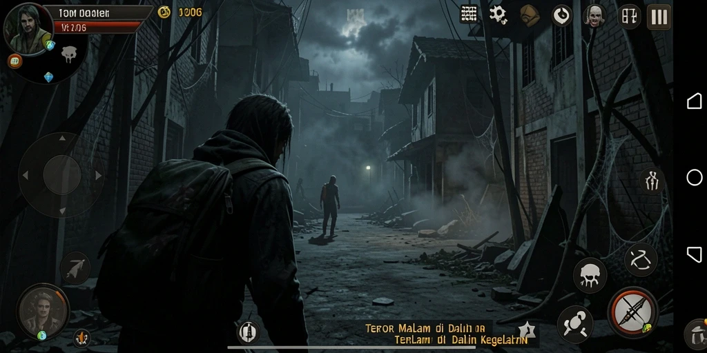 Screenshot gameplay D06 menampilkan karakter dalam kegelapan yang mencekam.