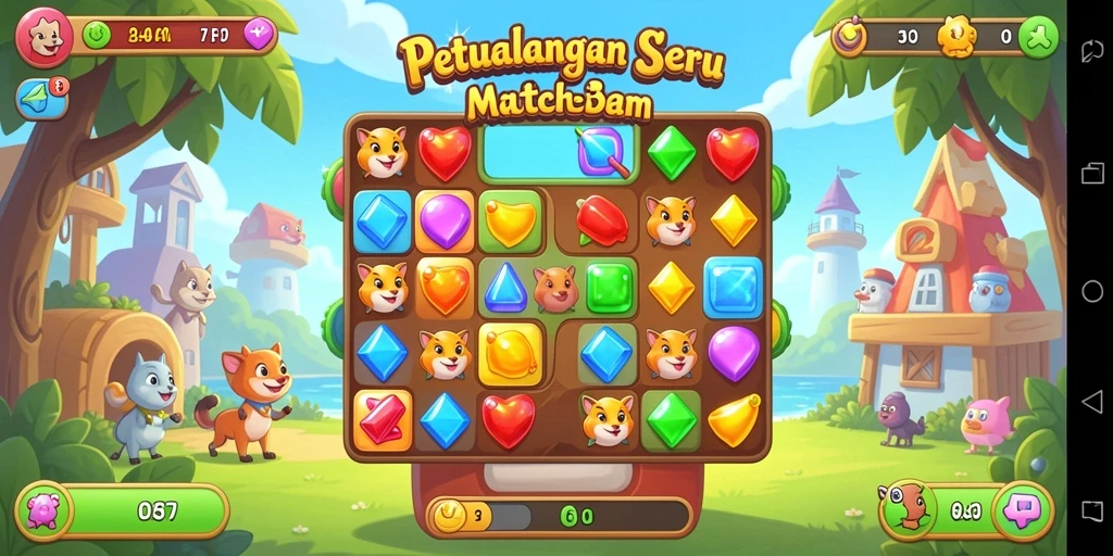 Tangkapan layar gameplay F7F7 yang menampilkan aksi Match-3 yang seru.