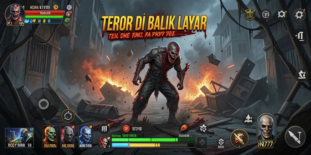 Screenshot menampilkan karakter menyeramkan di dalam game HQ777.