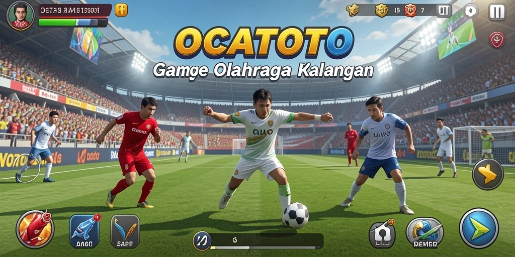 Screenshot gameplay menampilkan pertandingan olahraga yang intens dan penuh aksi.