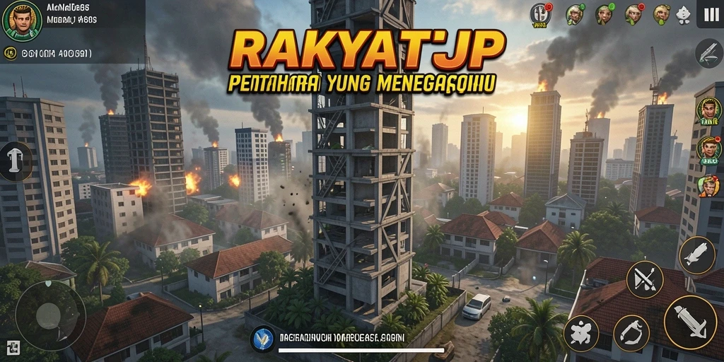 Screenshot gameplay RAKYATJP menampilkan pertahanan menara yang strategis.