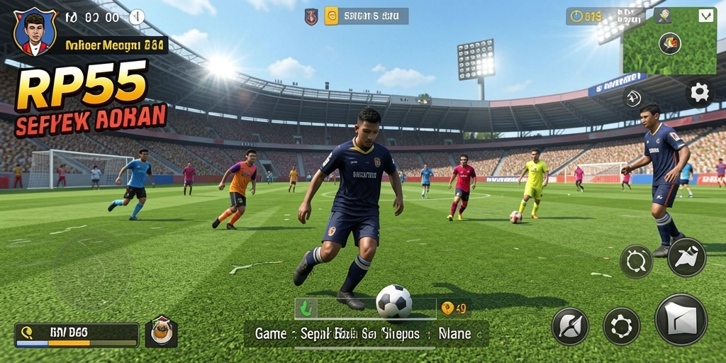 Screenshot gameplay RP55 dengan aksi seru di lapangan sepak bola.