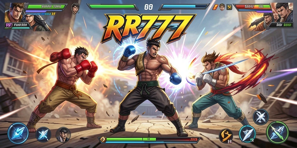 Tampilan aksi seru dalam game Fighting RR777 dengan karakter yang kuat.