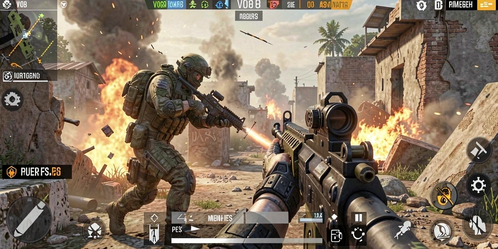 Tampilan gameplay V98 dengan aksi menegangkan di medan perang.